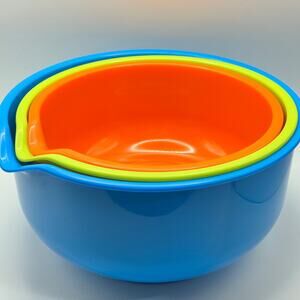 Set of 3 Colorful Durable Stacking Plastic Mixing Bowls w/Spout, Nesting Design
